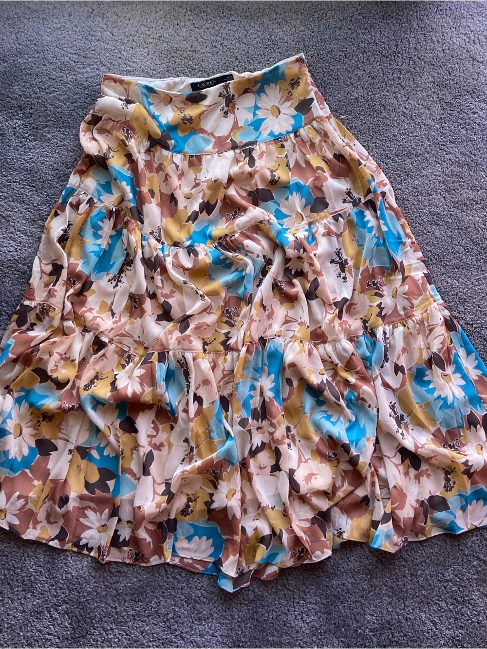 Ralph Lauren Floral Tiered Maxi Skirt in Blue, Tan & Cream